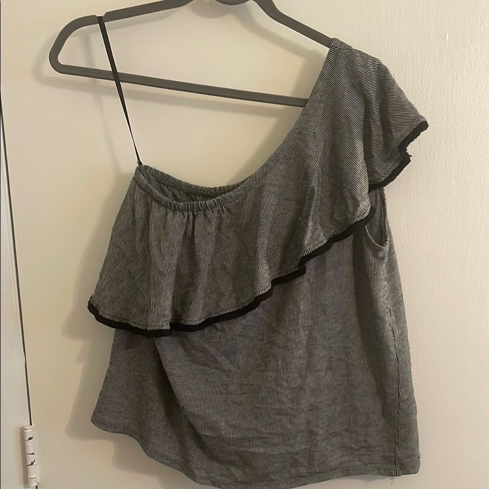 LOFT Black and White Asymmetrical Ruffled Sleeveless Tank Top